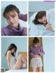 A collage of photos of a woman in a purple sweater and shorts.