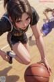 A girl in a black shirt and shorts playing basketball.